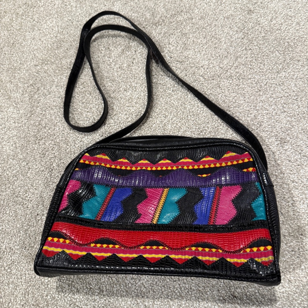 Vintage 80'S Bright Appliqué Purse Multi-color Patterned Vinyl Cross Body Bag